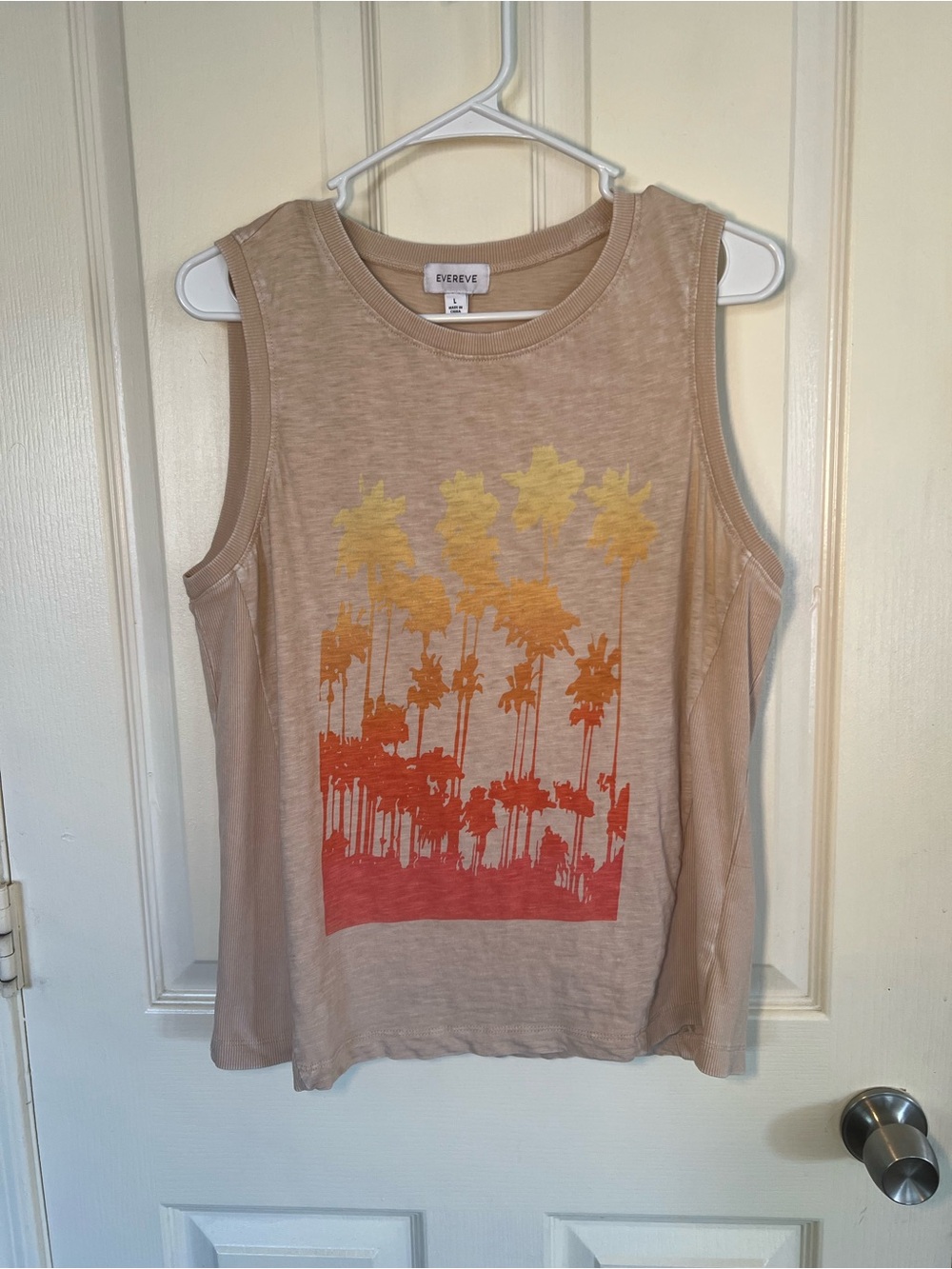 Evereve Palm Tree Graphic Tank Top Beige Sunset Sleeveless Cotton Size Large